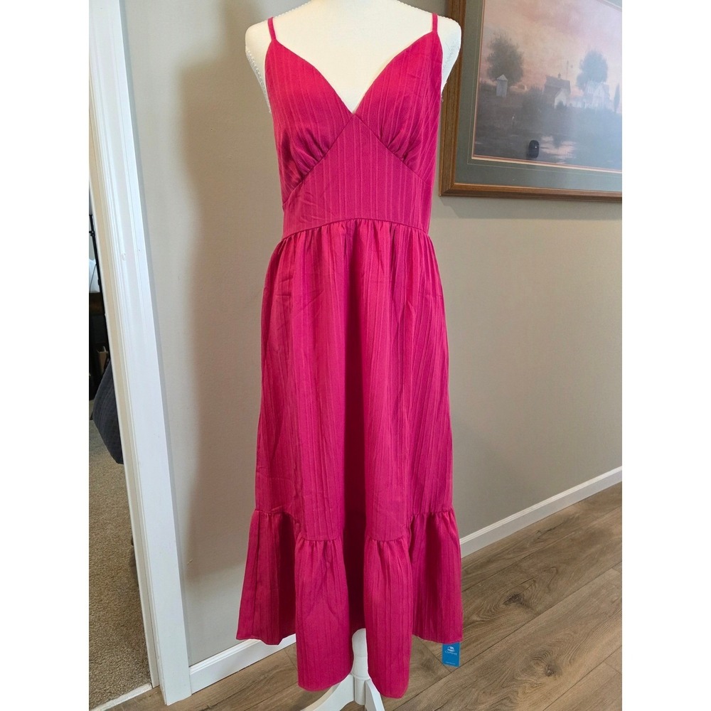 Cupshe Magenta Pink Textured Tiered Midi Sun Dress V-Neck Adjustable Straps M‎